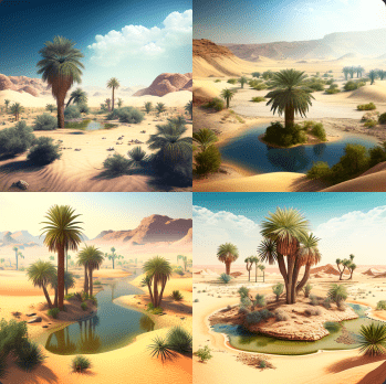 Midjourney AI Art with 4 images green land in desert images