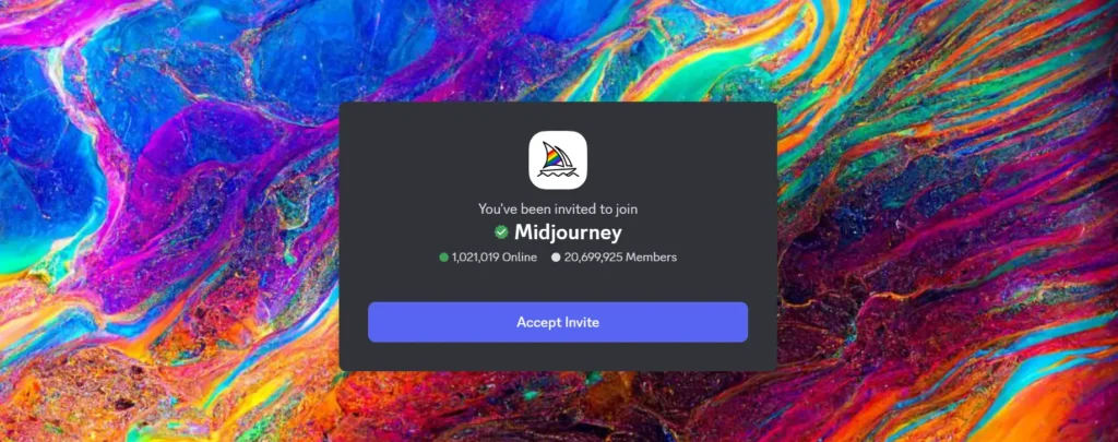 MidJourney Discord invite screen showing Accept Invite button with colorful abstract background