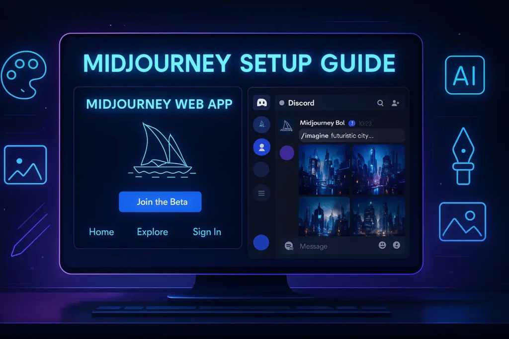 Illustration of Midjourney Setup Guide showing Web App and Discord interface with neon digital design on a dark background for AI art setup.