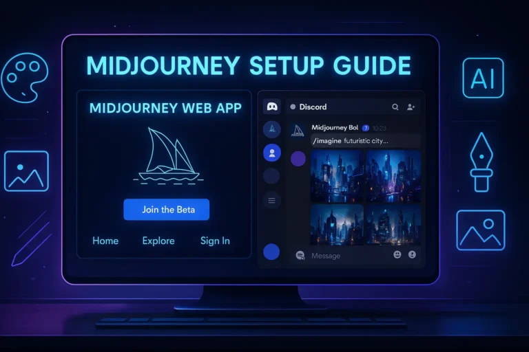 Illustration of Midjourney Setup Guide showing Web App and Discord interface with neon digital design on a dark background for AI art setup.