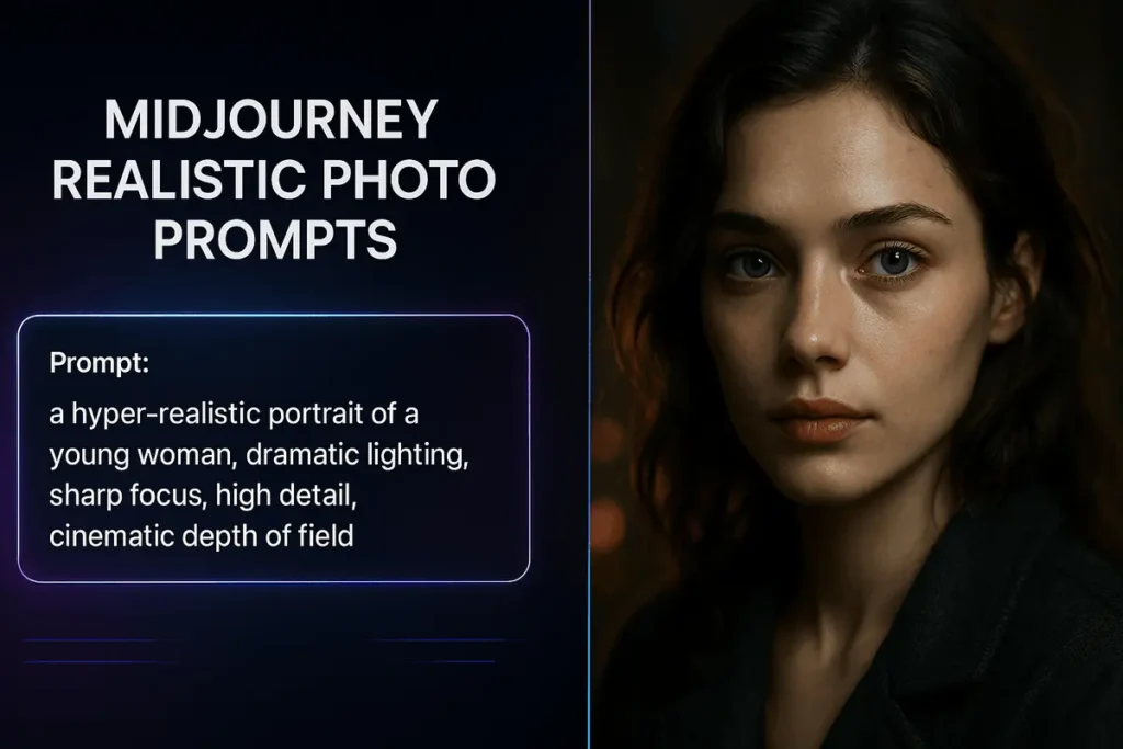 Feature image showing Midjourney realistic photo prompts with AI-generated lifelike photography and dark futuristic background.
