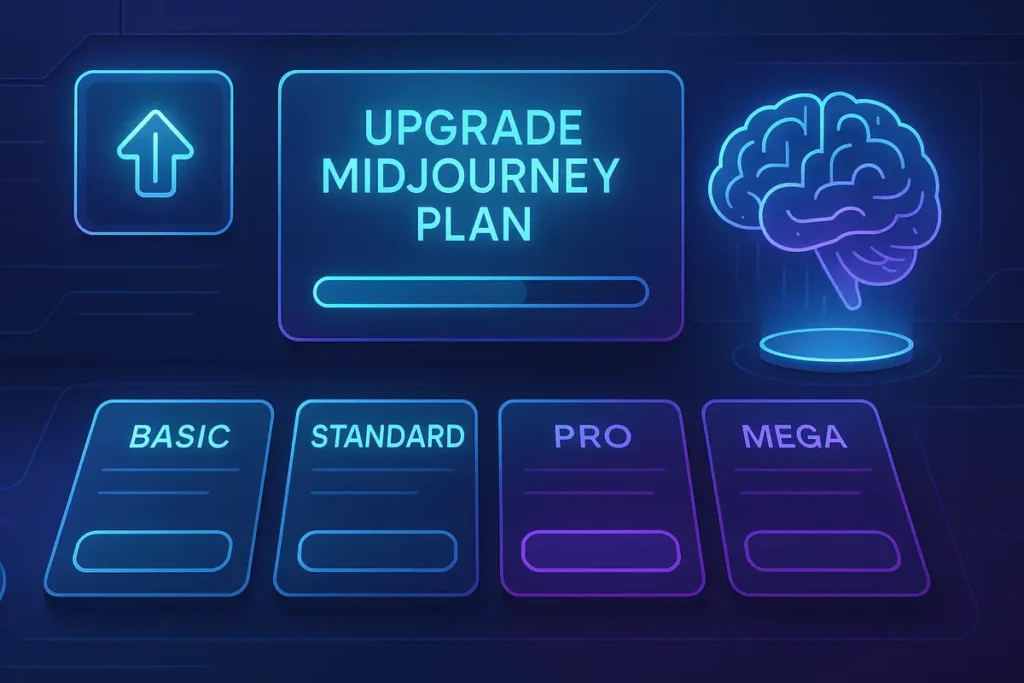 Step-by-step guide showing how to upgrade MidJourney plan, featuring a digital dashboard with subscription tiers, upgrade icons, and AI-powered image generation benefits.