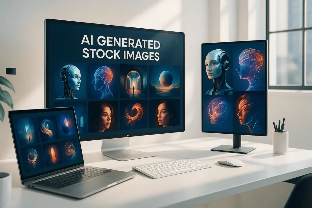 Midjourney for Stock Image Creation showing AI-generated digital stock images on a modern workspace.