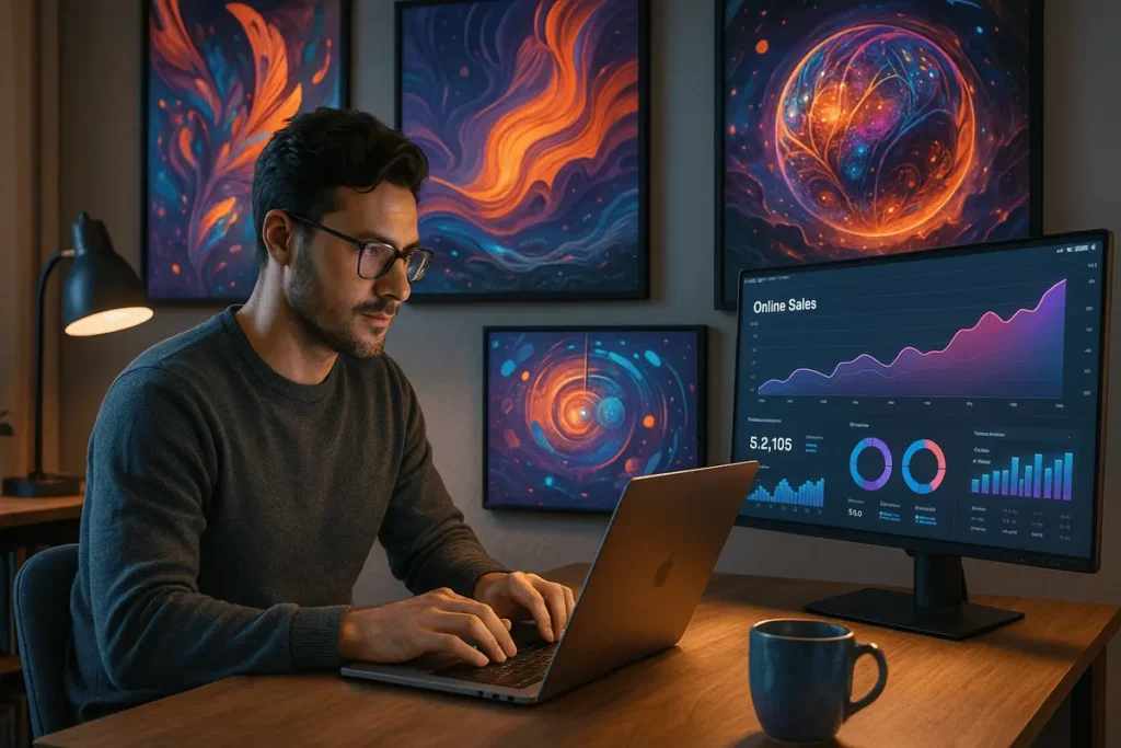 How to sell Midjourney art online – creative professional showcasing AI-generated artwork on laptop in a modern home office.
