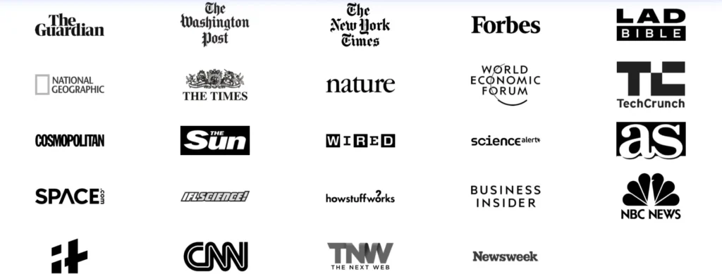 Logos of major media outlets in which Midjourney is featured including The Guardian, The Washington Post, The New York Times, Forbes, LADbible, National Geographic, The Times, Nature, World Economic Forum, TechCrunch, Cosmopolitan, The Sun, Wired, Science Alert, AS, Space.com, IFLScience, HowStuffWorks, Business Insider, NBC News, IT, CNN, The Next Web, and Newsweek.