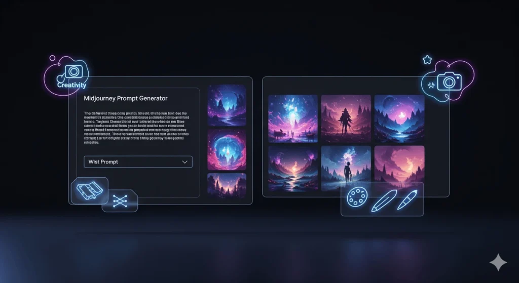 What is Midjourney Prompt Generator? A futuristic digital illustration showing the Midjourney Prompt Generator interface with AI art elements, creative keywords, holographic text prompts, and glowing abstract design icons, representing how the tool helps users craft detailed prompts for stunning AI-generated artwork.