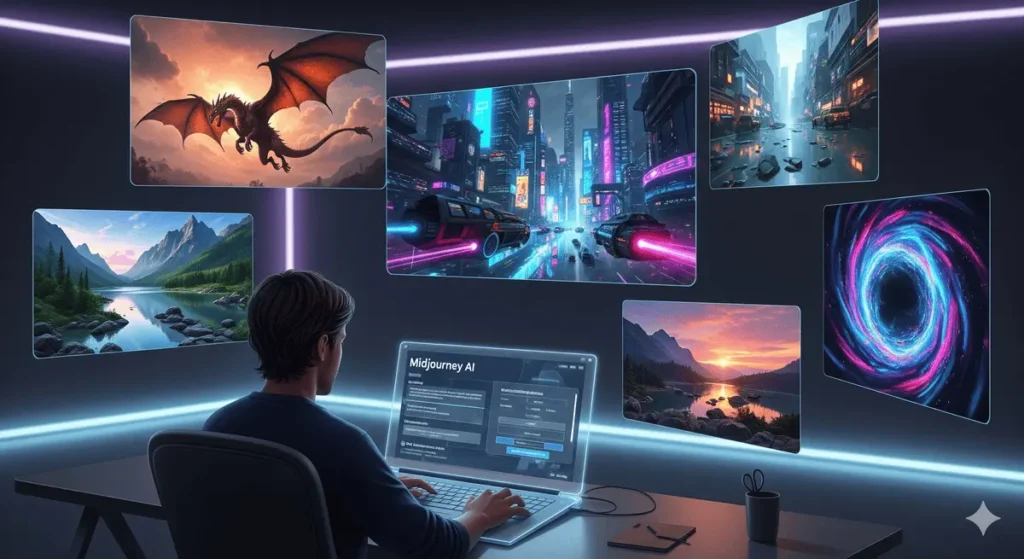 Current image: Detailed digital illustration of a futuristic workspace showing a designer creating AI art using Midjourney V7. Multiple holographic screens display fantasy, sci-fi, portrait, and abstract artworks. Bright neon lighting, modern environment, cinematic style — How to Write Effective Midjourney Prompts: Ultimate Guide.