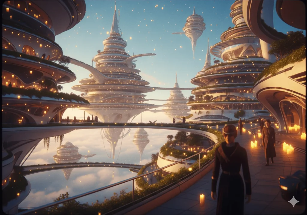 A highly detailed, cinematic-quality image of a futuristic floating city in the clouds.