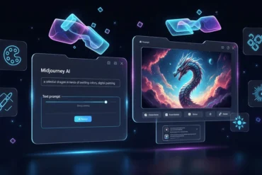 Futuristic digital interface illustration showing how does Midjourney work, with split-screen design displaying a text prompt on one side and AI-generated artwork on the other, glowing neon blue and purple tones, holographic creative icons, cinematic lighting, and sleek modern layout on a dark background.