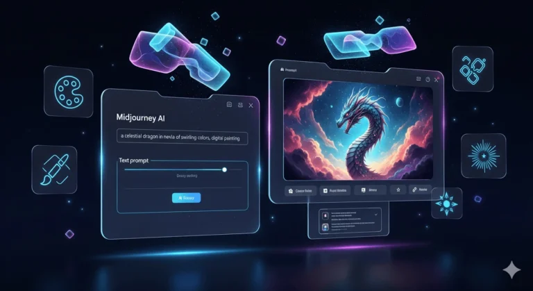 Futuristic digital interface illustration showing how does Midjourney work, with split-screen design displaying a text prompt on one side and AI-generated artwork on the other, glowing neon blue and purple tones, holographic creative icons, cinematic lighting, and sleek modern layout on a dark background.