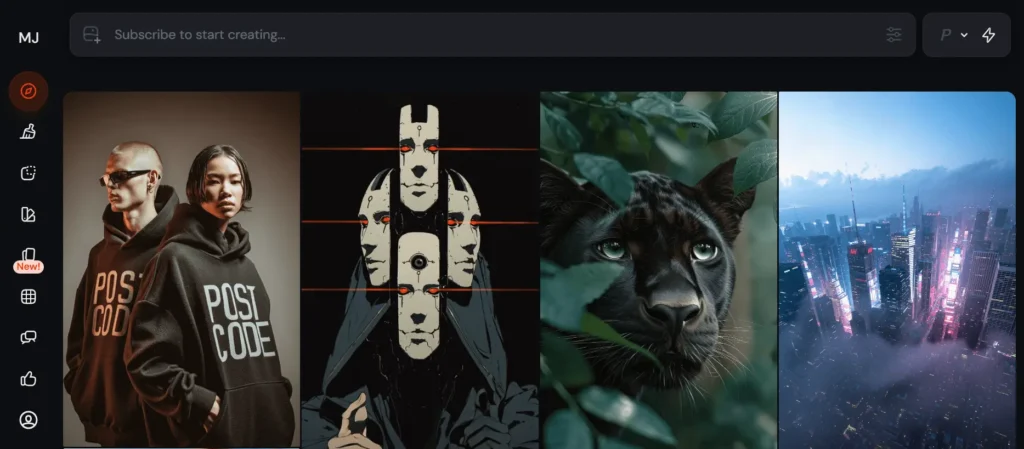 MidJourney web app homepage showing AI-generated artworks and navigation menu on the left sidebar.