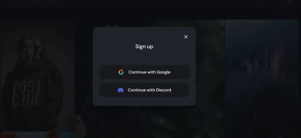 MidJourney signup screen showing options to continue with Google or Discord account.