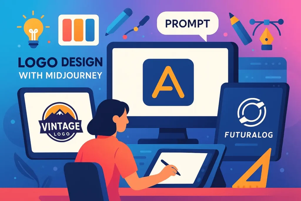 Midjourney Logo Prompts for AI-generated logos, featuring creative prompt-based designs, color and style customization, minimalist, vintage, and futuristic logo concepts for professional branding.