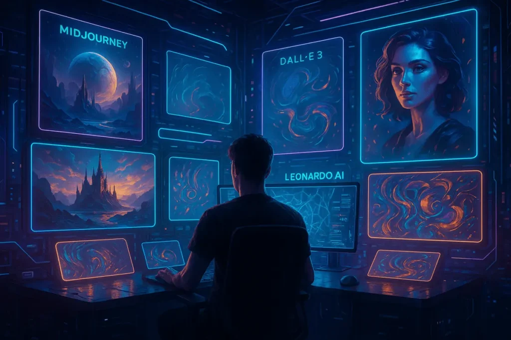 Person sitting in a futuristic digital art workspace surrounded by glowing screens showcasing AI tools like MidJourney, DALL·E 3, and Leonardo AI — representing MidJourney alternatives with vibrant sci-fi artwork and neon blue and orange lighting.