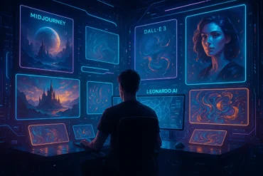 Person sitting in a futuristic digital art workspace surrounded by glowing screens showcasing AI tools like MidJourney, DALL·E 3, and Leonardo AI — representing MidJourney alternatives with vibrant sci-fi artwork and neon blue and orange lighting.