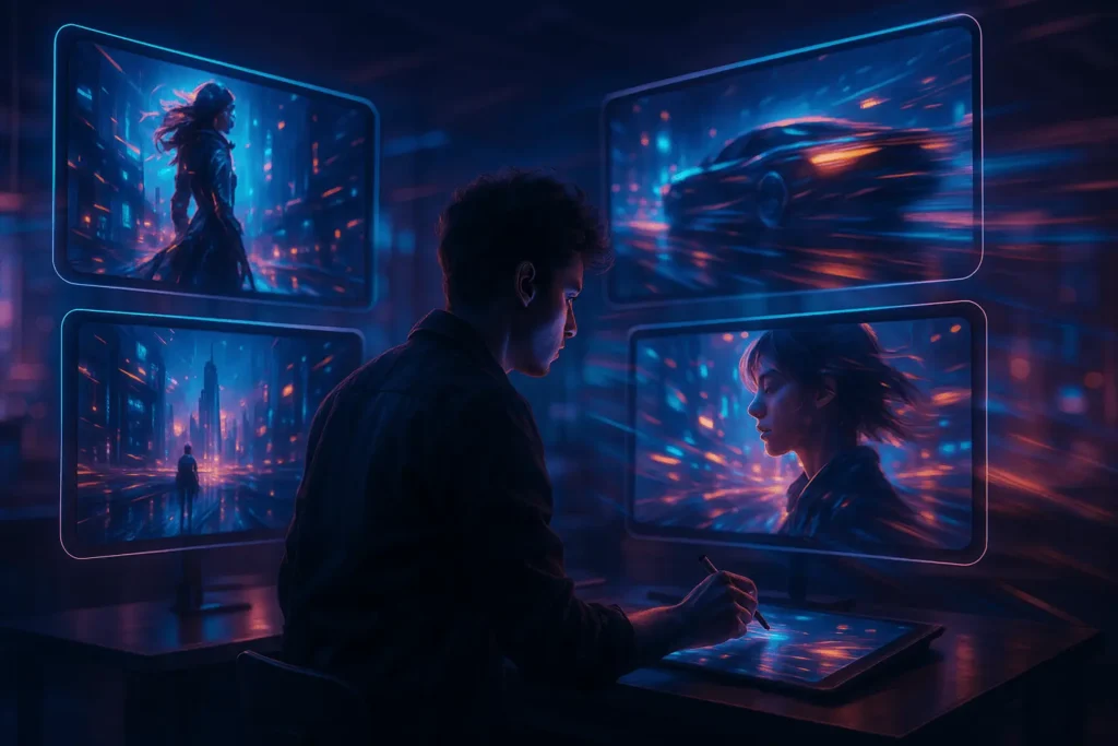 AI artist animating Midjourney-generated images using futuristic digital tools, representing the concept of AI-powered animation.