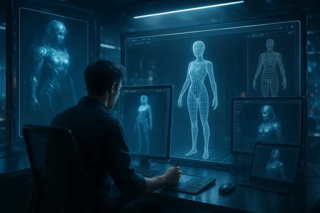 Can Midjourney create 3D models – AI artist visualizing 3D model creation from Midjourney-generated images in a futuristic workspace.