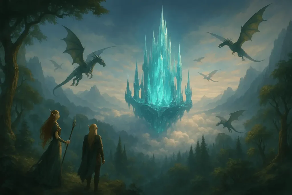 Fantasy Midjourney prompts showcased through a magical digital artwork of a floating crystal castle, dragons, and enchanted forests under cinematic lighting — fantasy AI art in ultra-detailed style