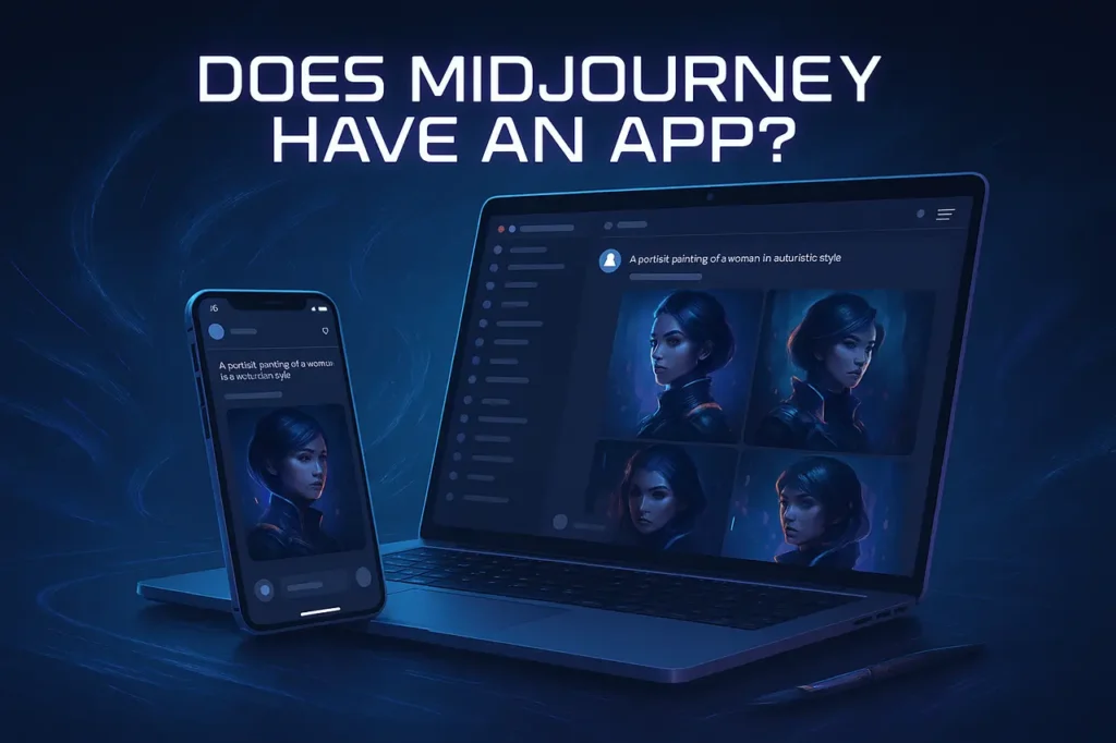 Does Midjourney have an app? AI art generation on the Discord interface displayed on mobile and laptop.