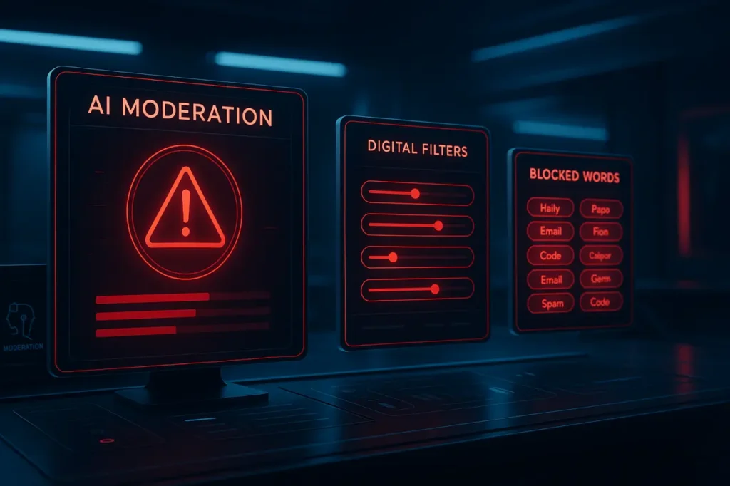 Midjourney banned words list visual showing AI moderation and content filtering interface.