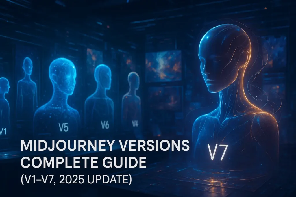 Midjourney Versions V1 to V7 illustrated as evolving AI art models in a futuristic digital studio, complete guide