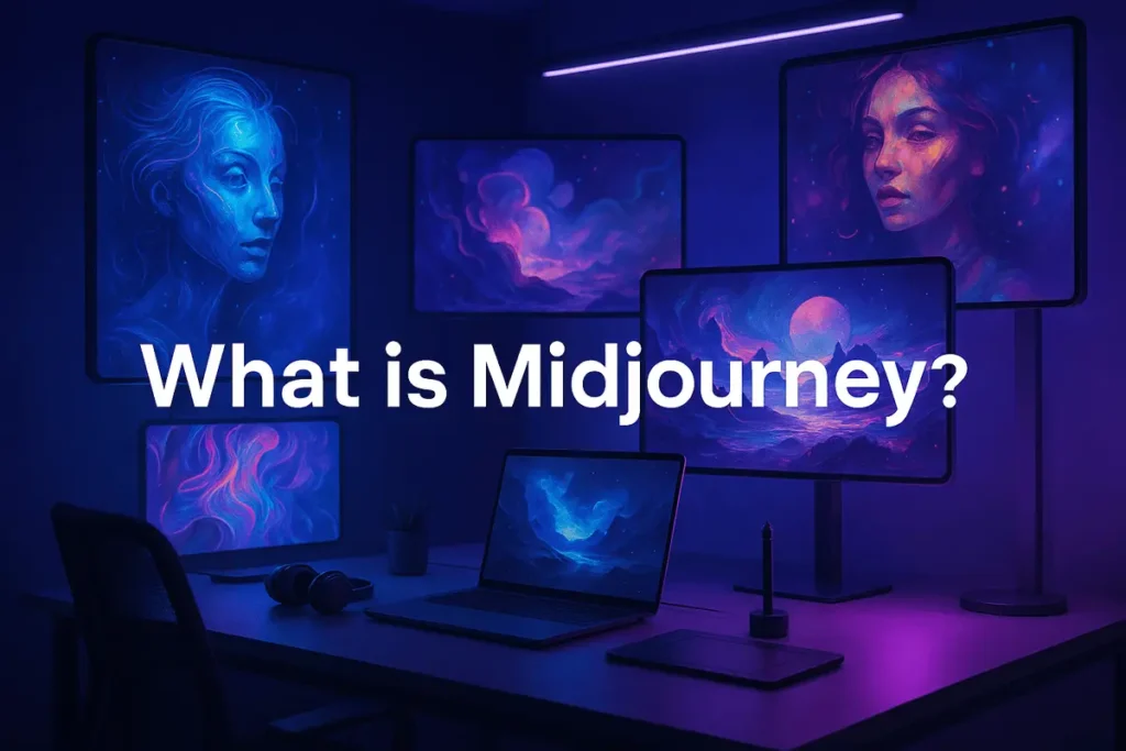 What is Midjourney: futuristic digital workspace with AI-generated art showcasing creativity and artificial intelligence