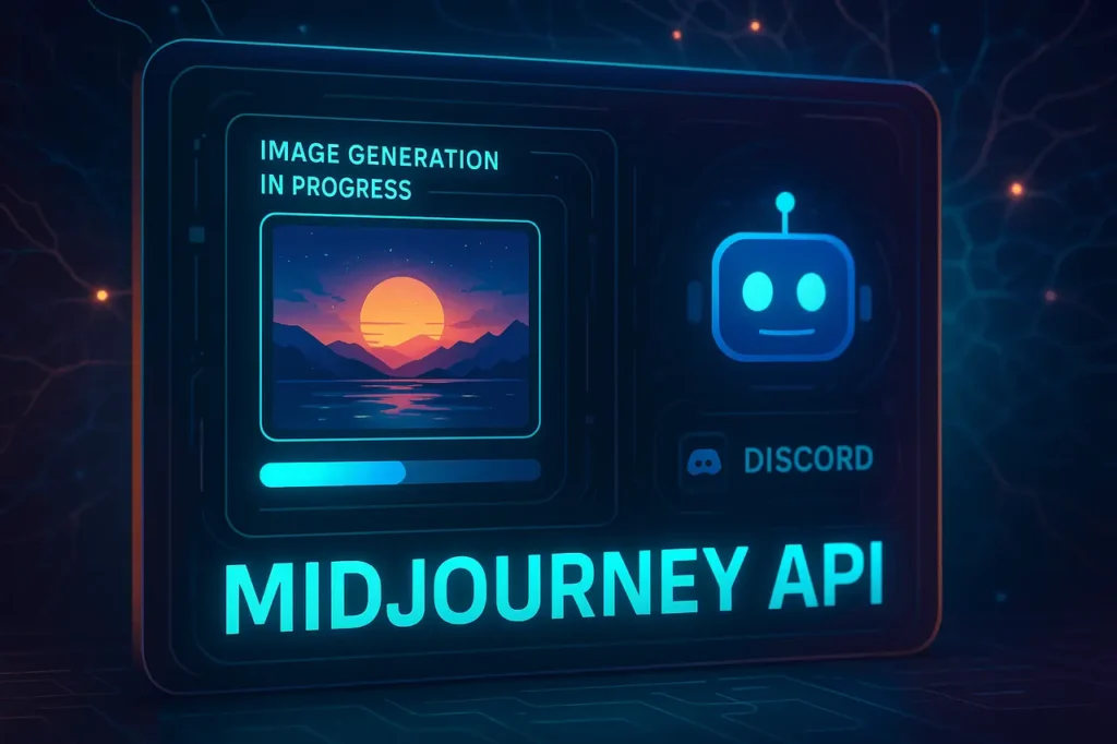 Does Midjourney Have an API, illustration of AI image generation via Discord bot and digital interface, showing Midjourney integration for developers.