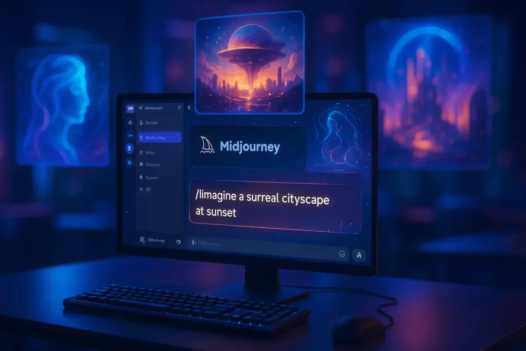 How do I create an image in Midjourney showing Discord interface and AI art generation screen.