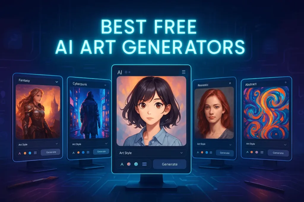 Current image: Top 5 Best Free AI Art Generators 2026 featuring Midjourney Ai Art, Leonardo AI, Playground AI, BlueWillow, Bing Image Creator, and Craiyon – futuristic digital art workspace banner.
