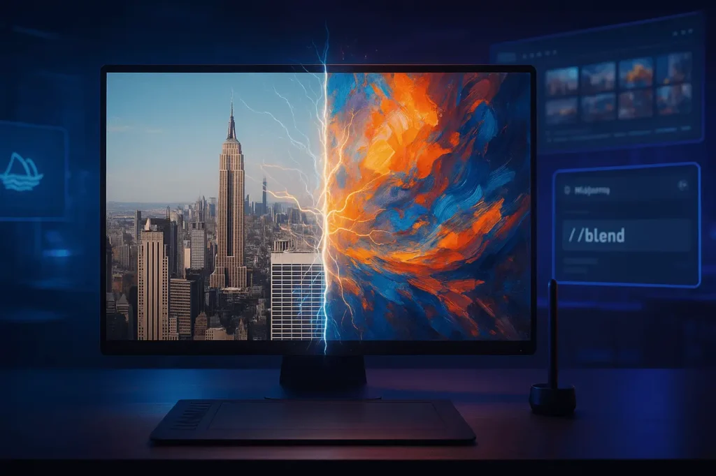 How to blend two images in Midjourney, AI image blending concept showing two photos merging together using the Midjourney /blend command.