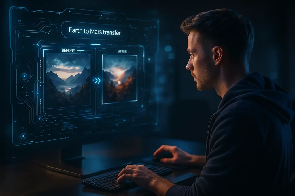 A digital artist demonstrating how to edit a photo in Midjourney using AI tools and holographic editing interface.