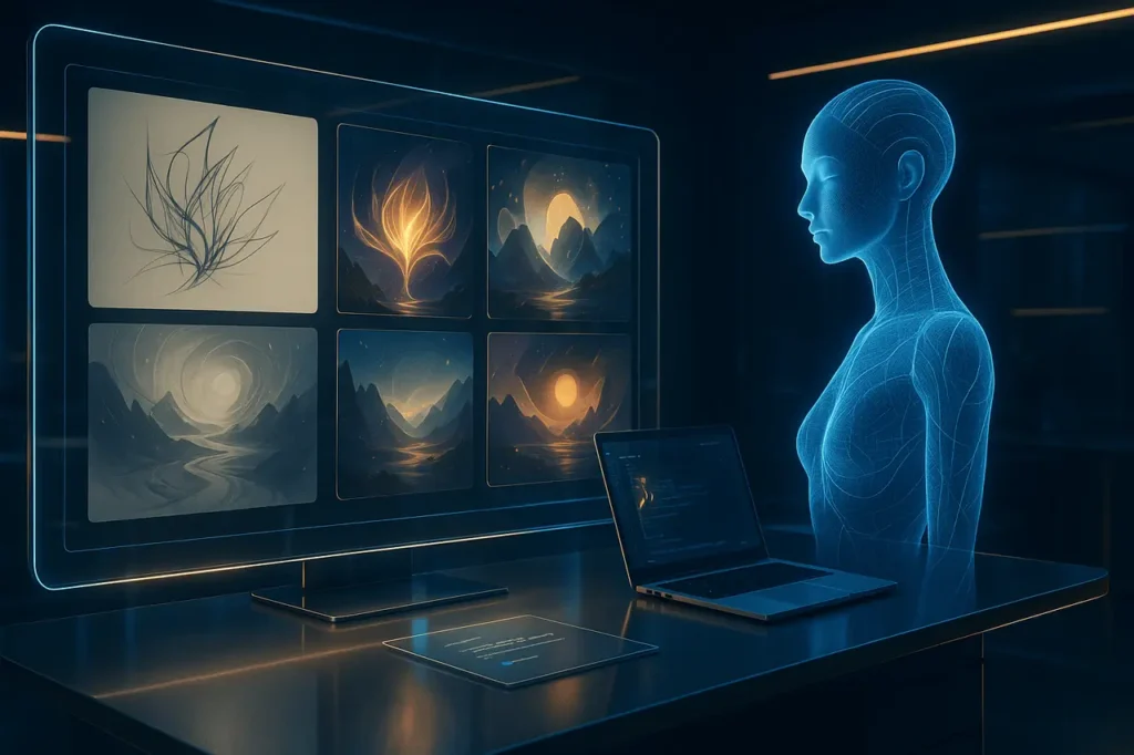 Feature image illustrating how to get ChatGPT to create MidJourney prompts with an AI-generated futuristic workspace and digital prompt creation visuals.