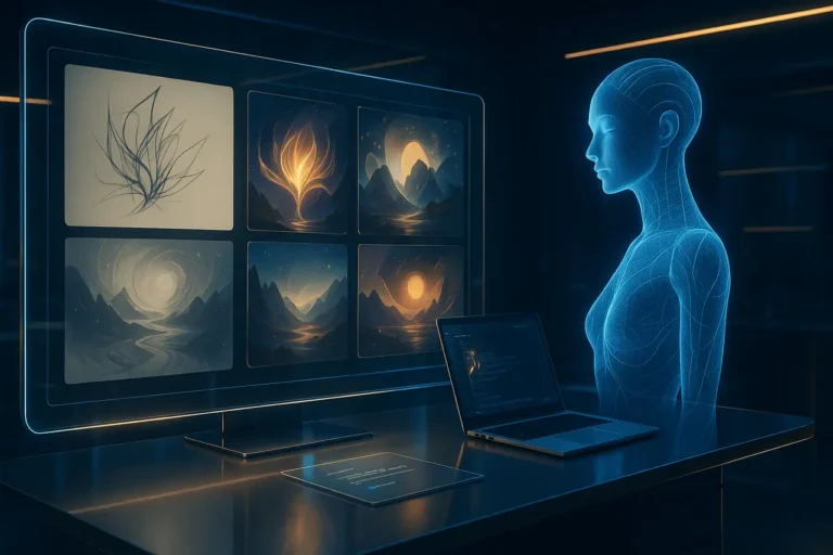 Feature image illustrating how to get ChatGPT to create MidJourney prompts with an AI-generated futuristic workspace and digital prompt creation visuals.