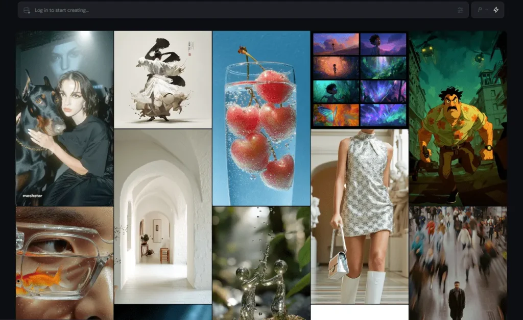 A collage of diverse AI-generated artworks and photos, including fashion photography, digital paintings, realistic still life with cherries, abstract architecture, and cinematic character scenes — MidJourney AI showcase of creative styles.