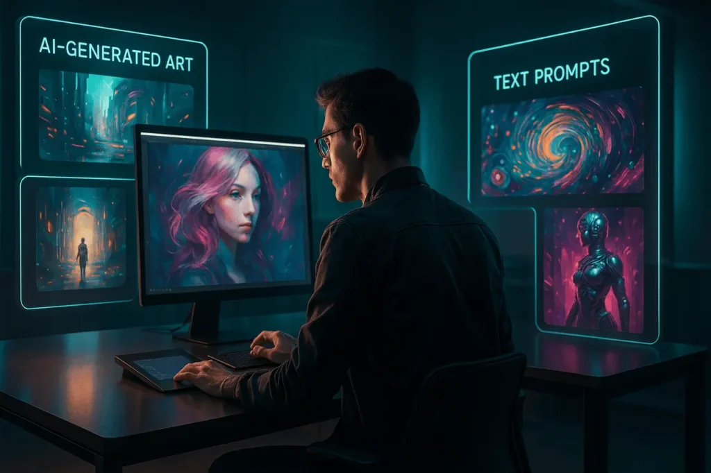Futuristic digital artist using holographic AI tools to generate artwork with Midjourney prompts in a modern studio environment.