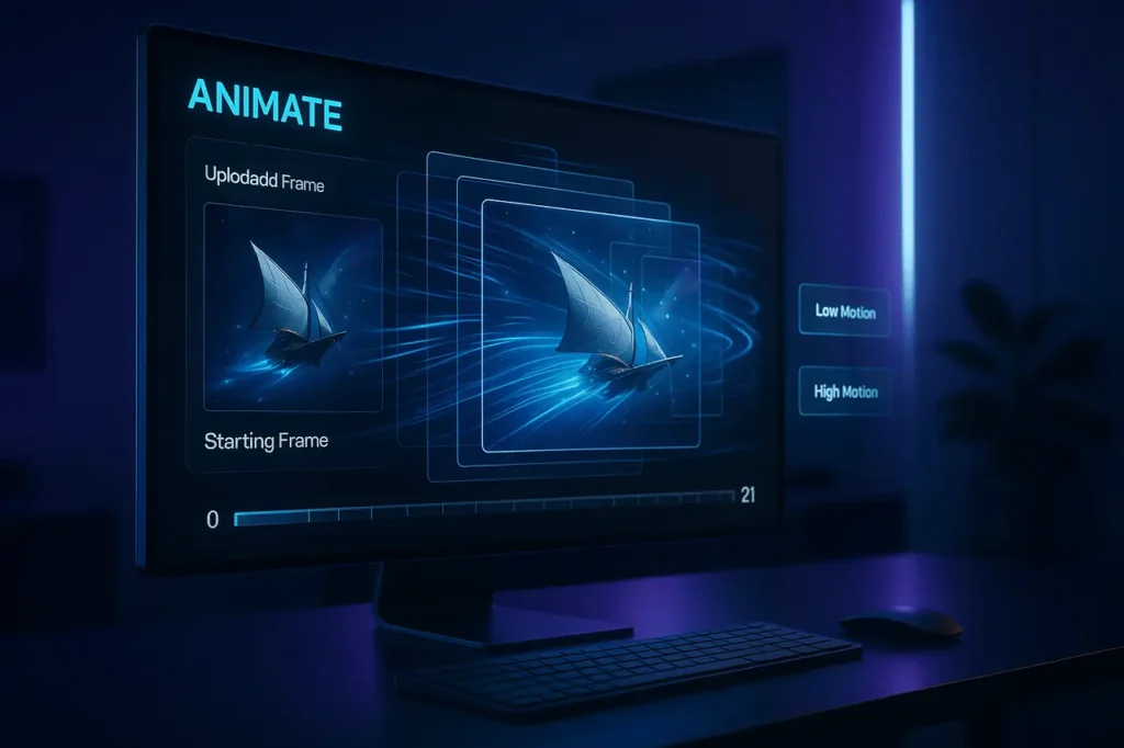 Feature image showing the Midjourney V1 Video Model interface transforming a still image into a dynamic animated video sequence.