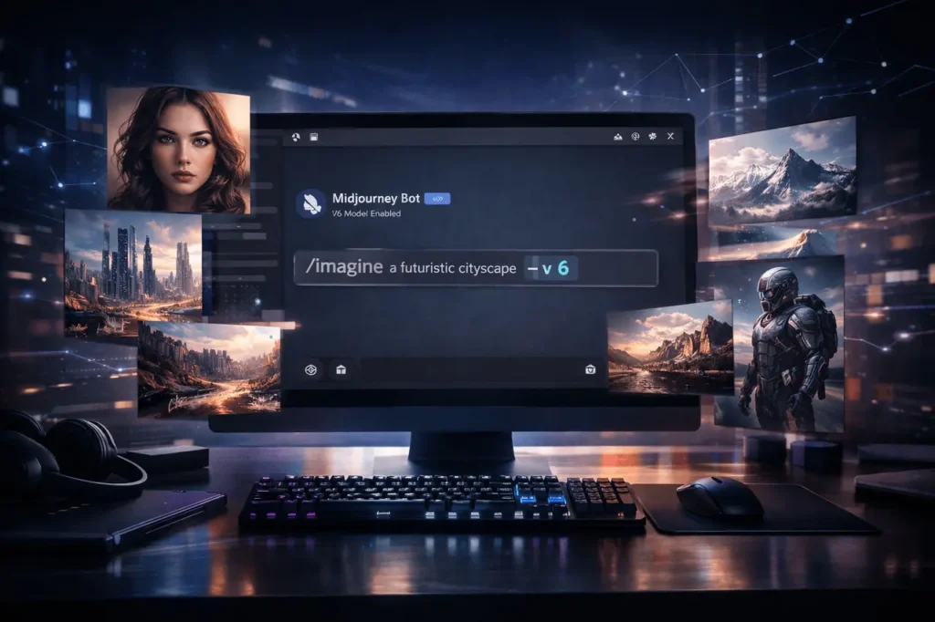 How to get Midjourney V6 using Discord interface showing the --v 6 model selection and AI-generated images on screen.