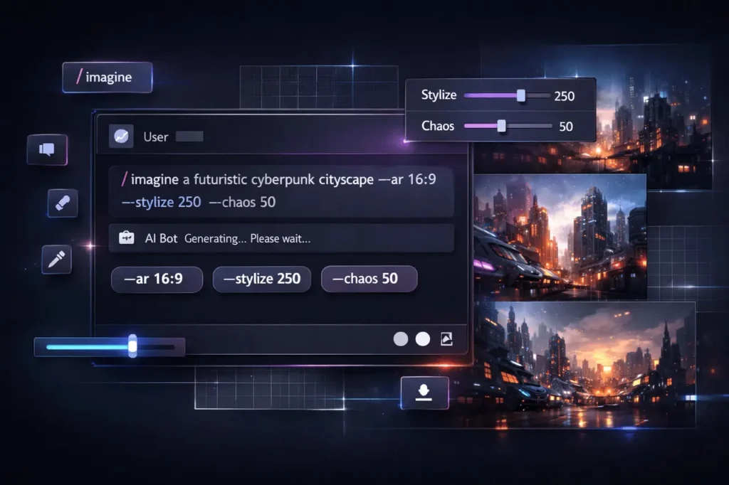 Complete list of MidJourney commands explained with imagine prompts and parameters.