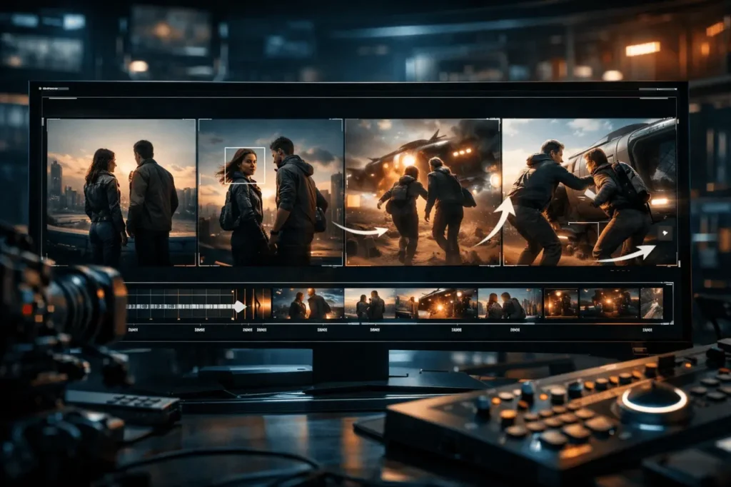 Runway Gen-4.5 Image to Video transforming a single image into cinematic AI-generated video scenes with consistent characters and camera control.