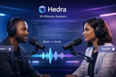 Hedra 10-Minute Avatars with Speaker Selection generating a multi-speaker AI podcast video in a virtual studio environment.