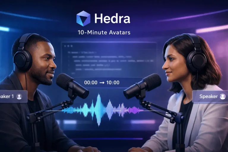 Hedra 10-Minute Avatars with Speaker Selection generating a multi-speaker AI podcast video in a virtual studio environment.