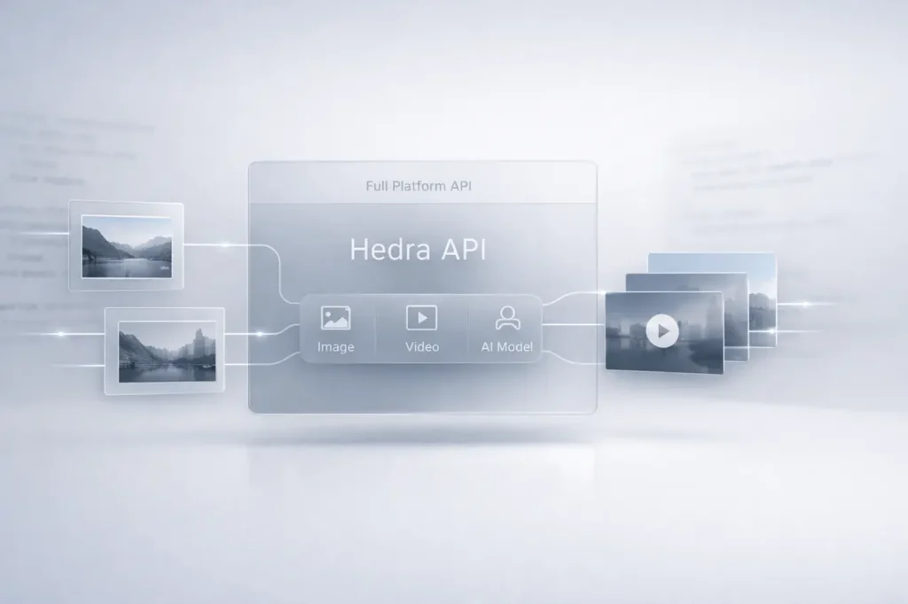 Current image: Hedra Full Platform API interface showing AI image and video generation workflow with programmatic access and developer integration features.
