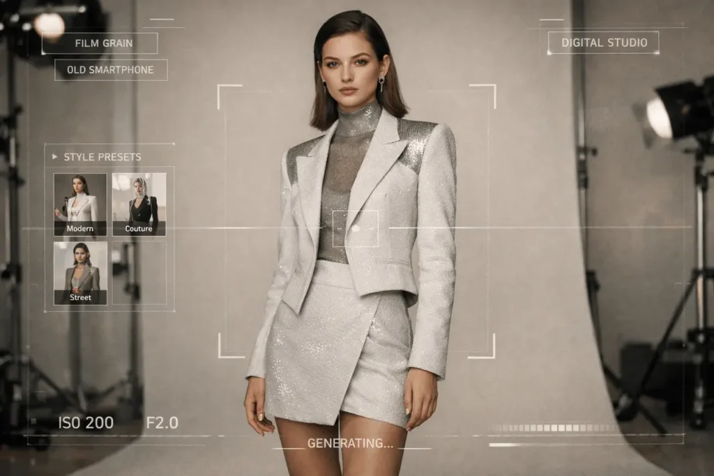 Current image: Higgsfield SOUL 2.0 generating fashion-aware AI image with editorial-quality styling and camera-realistic details.