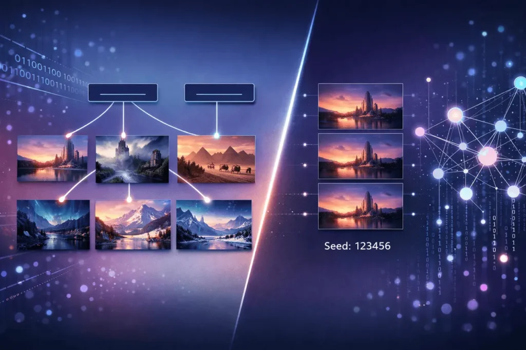 How seed numbers work in MidJourney showing controlled AI image generation with consistent visual outputs.