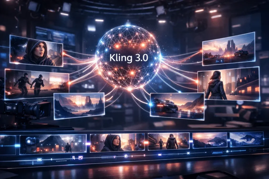 Kling 3.0 AI video model illustrating unified video generation with multi-shot storyboard workflow, longer clips, and stable visual references.