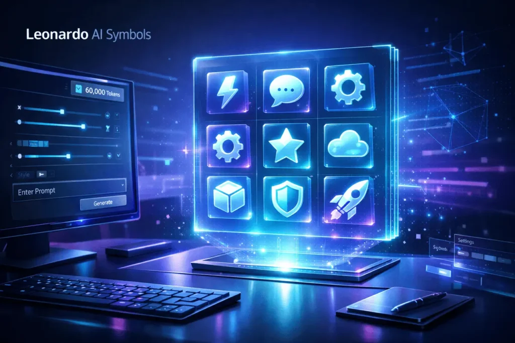 Leonardo AI Symbols interface showing customizable AI-generated icons and 60,000 token creative dashboard.