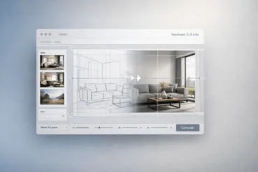 Seedream 5.0 Lite AI image creation interface showing structured layout grid, sketch-to-render transformation, and high-fidelity design output.