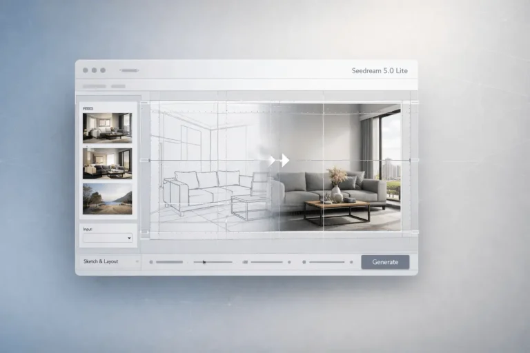 Seedream 5.0 Lite AI image creation interface showing structured layout grid, sketch-to-render transformation, and high-fidelity design output.