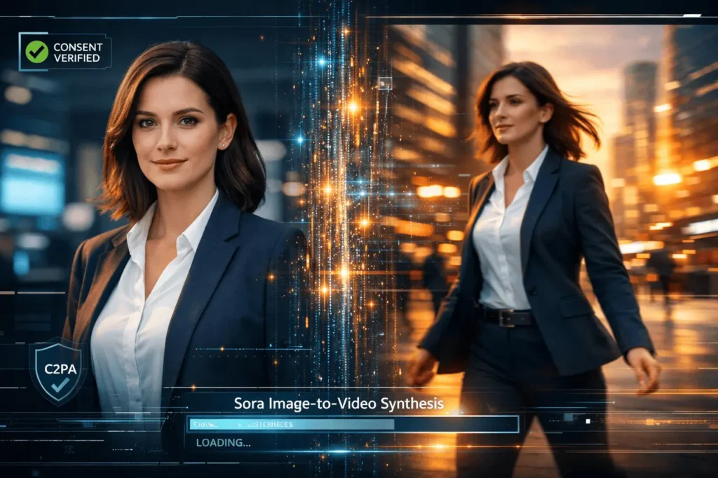 A conceptual digital interface demonstrating Sora image-to-video capabilities, transforming a static portrait of a person into a dynamic cinematic sequence with visible security and consent metadata overlays..
