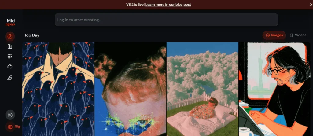 Midjourney Alpha interface showing Top Day featured AI-generated images including surreal bird scene, digital face portrait, outdoor dream scene, and digital artist illustration.